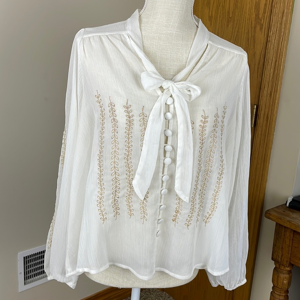 Talori Sheer White Long Sleeve Top with Gold Accents